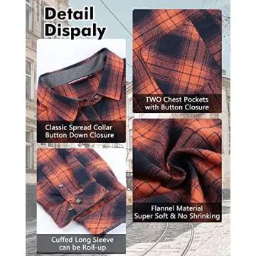 Deer Lady Plaid Flannel Shirts for Women Buffalo Plaid Shirts Oversized Long Sleeve Casual Button Down Blouse Top Orange M