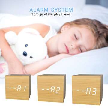 Digital Alarm Clock, MiCar Wood LED Light Mini Modern Cube Desk Alarm Clock Displays Time Date Temperature for Kids, Bedrooms, Home, Dormitory, Travel