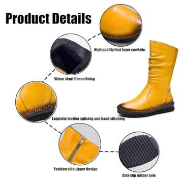 WENOREG Women's Hand Stitching Pleated Flat Mid Calf Boots,Fashion Leather Stitching Side Zipper Com...