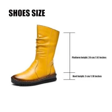 WENOREG Women's Hand Stitching Pleated Flat Mid Calf Boots,Fashion Leather Stitching Side Zipper Comfort Outdoor Anti-slip Work Walking Winter Boots Keep Warm Plush Lining Platform Boots (Yellow,6,6)