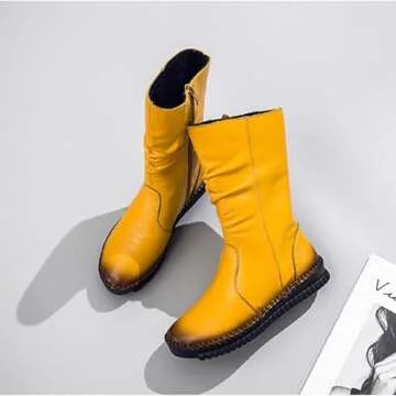WENOREG Women's Hand Stitching Pleated Flat Mid Calf Boots,Fashion Leather Stitching Side Zipper Comfort Outdoor Anti-slip Work Walking Winter Boots Keep Warm Plush Lining Platform Boots (Yellow,6,6)