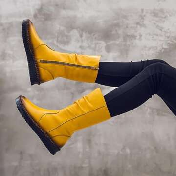 WENOREG Women's Hand Stitching Pleated Flat Mid Calf Boots,Fashion Leather Stitching Side Zipper Comfort Outdoor Anti-slip Work Walking Winter Boots Keep Warm Plush Lining Platform Boots (Yellow,6,6)
