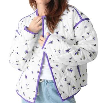Tankaneo Womens Floral Cropped Quilted Jackets Lightweight Fall Casual Coats Color Block Printed Win...