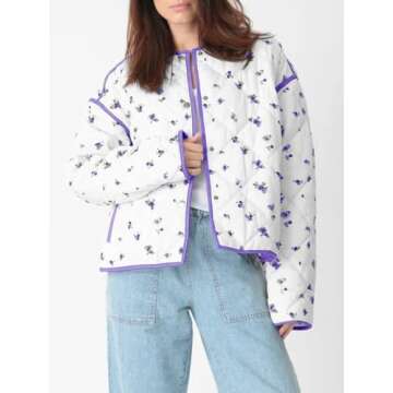 Tankaneo Womens Floral Cropped Quilted Jackets Lightweight Fall Casual Coats Color Block Printed Winter Outerwear