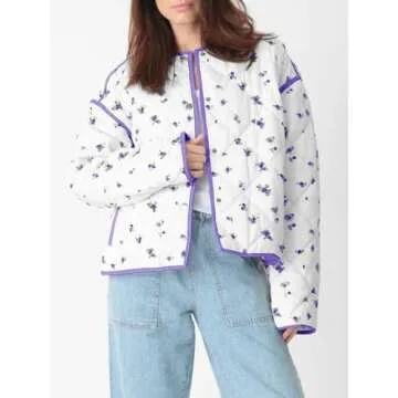 Tankaneo Womens Floral Cropped Quilted Jackets Lightweight Fall Casual Coats Color Block Printed Winter Outerwear