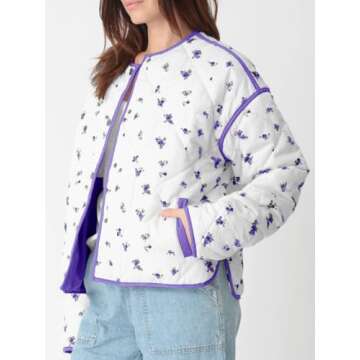 Tankaneo Womens Floral Cropped Quilted Jackets Lightweight Fall Casual Coats Color Block Printed Winter Outerwear