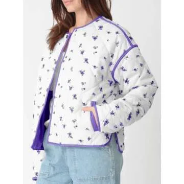 Tankaneo Womens Floral Cropped Quilted Jackets Lightweight Fall Casual Coats Color Block Printed Winter Outerwear