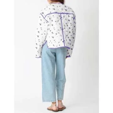 Tankaneo Womens Floral Cropped Quilted Jackets Lightweight Fall Casual Coats Color Block Printed Winter Outerwear