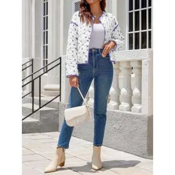 Tankaneo Womens Floral Cropped Quilted Jackets Lightweight Fall Casual Coats Color Block Printed Winter Outerwear