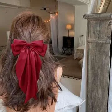 Big Silky Satin Hair Bows for Women: Wine Red Long Tail Cute Ribbon Coquette Barrettes for Girls