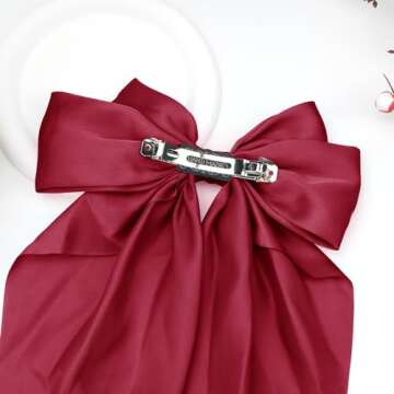 Big Silky Satin Hair Bows for Women: Wine Red Long Tail Cute Ribbon Coquette Barrettes for Girls