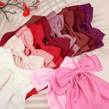 Big Silky Satin Hair Bows for Women: Wine Red Long Tail Cute Ribbon Coquette Barrettes for Girls