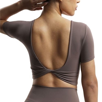 Aoxjox Short Sleeve Crop Tops for Women - Emma Backless Twist Back Workout Cropped T Shirt Top