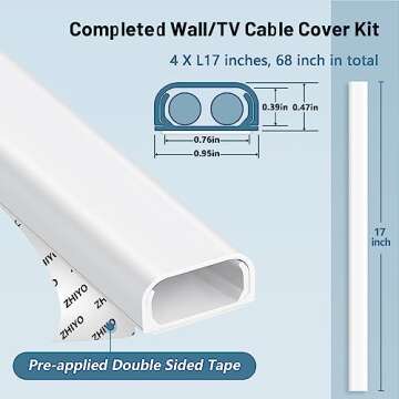 Cable Hider Raceway Kit, 68in (4X L17in) Wire Hiders for TV on Wall, Paintable Cord Cover Channel, Cord Hider for Wall Mounted TV in Home Office, 0.95in (W) x 0.47in (H), White