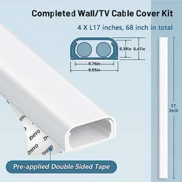 Cable Hider Raceway Kit, 68in (4X L17in) Wire Hiders for TV on Wall, Paintable Cord Cover Channel, Cord Hider for Wall Mounted TV in Home Office, 0.95in (W) x 0.47in (H), White