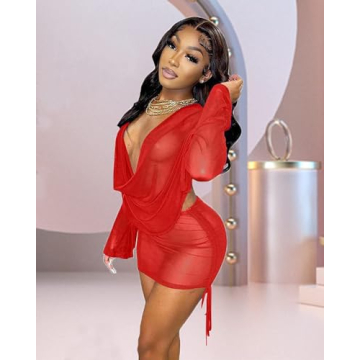 Women's Summer Sexy Long Sleeve Two 2 Pieces Outfits 2024 Sheer Mesh Mini Dress Skirt Set V Neck Backless Top Ruched Bodycon Cover Up Red L