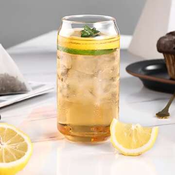 Povinmos Drinking Glasses 4pc Set with Straw- Can Shaped Glass Cups,16oz Beer Glasses,Tumbler Cup,Cocktail Glasses,Iced Coffee Glasses,Iced Tea,Whiskey,Wine,Soda,Water Cups,Kiddush Cup,Great Gift