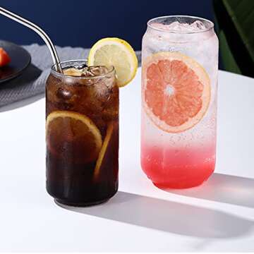 Povinmos Drinking Glasses 4pc Set with Straw- Can Shaped Glass Cups,16oz Beer Glasses,Tumbler Cup,Cocktail Glasses,Iced Coffee Glasses,Iced Tea,Whiskey,Wine,Soda,Water Cups,Kiddush Cup,Great Gift