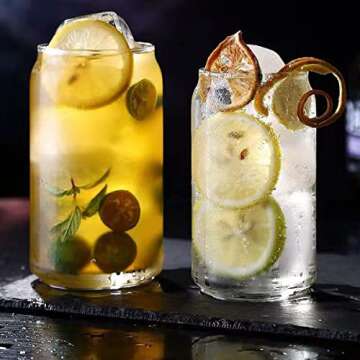 Povinmos Drinking Glasses 4pc Set with Straw- Can Shaped Glass Cups,16oz Beer Glasses,Tumbler Cup,Cocktail Glasses,Iced Coffee Glasses,Iced Tea,Whiskey,Wine,Soda,Water Cups,Kiddush Cup,Great Gift