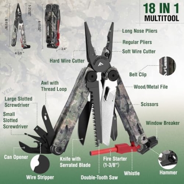FLISSA 18-in-1 Camo Multitool with Fire Starter and Sheath