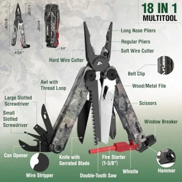 FLISSA 18-in-1 Camo Multitool with Fire Starter and Sheath