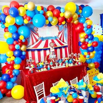 RUBFAC Carnival Circus Balloon Garland Arch Kit, 120pcs Red Blue Yellow Primary Color Balloons Rainbow Multicolor Confetti and Star Foil Balloons for Birthday Party Carnival Theme Decorations