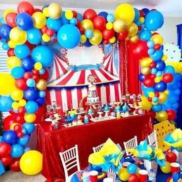 RUBFAC Carnival Circus Balloon Garland Arch Kit, 120pcs Red Blue Yellow Primary Color Balloons Rainbow Multicolor Confetti and Star Foil Balloons for Birthday Party Carnival Theme Decorations