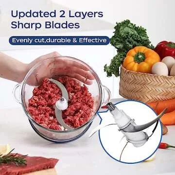 La Reveuse Food Processor,Electric Food Chopper with 7-Cup (1.7L) Glass Bowl, 4 Bi-Level Blades for Chopping,Grinding,Mincing,Whisking,Meal Prep,300W,Blue