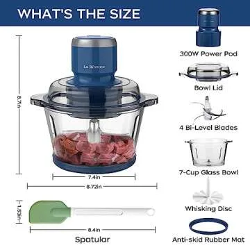 La Reveuse Food Processor,Electric Food Chopper with 7-Cup (1.7L) Glass Bowl, 4 Bi-Level Blades for Chopping,Grinding,Mincing,Whisking,Meal Prep,300W,Blue