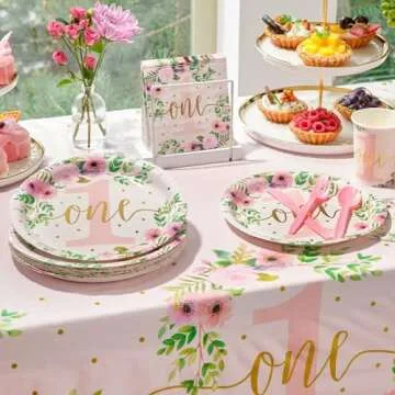 BLUE PANDA 145-Piece Floral Baby Girl's 1st Birthday Party Supplies & Decorations - Little Miss Oned...