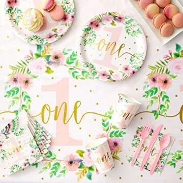 BLUE PANDA Floral Baby Girl's 1st Birthday Party Supplies