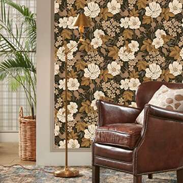 Idomual Peel and Stick Wallpaper Vintage Flower Retro Removable Boho for Bathroom Bedroom Black Cont...