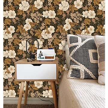 Idomual Peel and Stick Wallpaper Vintage Flower Retro Removable Boho for Bathroom Bedroom Black Contact Paper for Accent Wall Home Decor Cabinet 17.7 * 118in