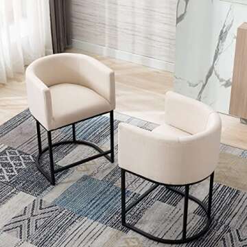 RIVOVA Contemporary Cream Linen Bar Stools Set of 2, 24" Upholstered Fabric Counter Height Barstools Kitchen Counter Island Stools with Black Metal Base, Cream