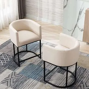 RIVOVA Contemporary Cream Linen Bar Stools Set of 2, 24" Upholstered Fabric Counter Height Barstools Kitchen Counter Island Stools with Black Metal Base, Cream