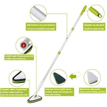 YAKKED Tub and Tile Scrubber with Extendable 59'' Long Handle, 3in1 Scrub Brush, Sponge Mop, Grout Brush for Bathtub, Glass, Bathroom, Wall, Bathtub Floor Grout(Detachable)