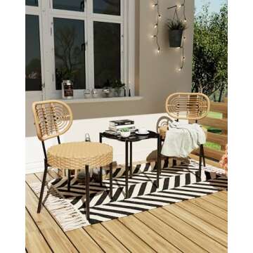 GarveeLife 3 Piece Patio Bistro Set, Outdoor Wicker Chairs with Table, Rattan Patio Furniture Set fo...