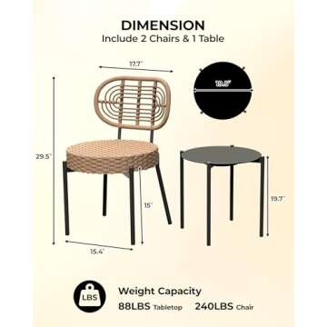 GarveeLife 3 Piece Patio Bistro Set, Outdoor Wicker Chairs with Table, Rattan Patio Furniture Set for Outdoor, Patio, Deck, Backyard, Black & Brown