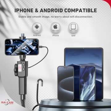 Articulating Borescope Camera with Light, Ralcam 8.5mm/0.33inch Endoscope Camera with Two-Way Articulated Head, HD 1080P Inspection Camera Automotive Scope for Smartphone&iPhone