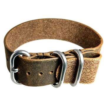 time+ 20mm 3-Ring Military Style Distressed Vintage Leather Watch Strap - Brown/Polished