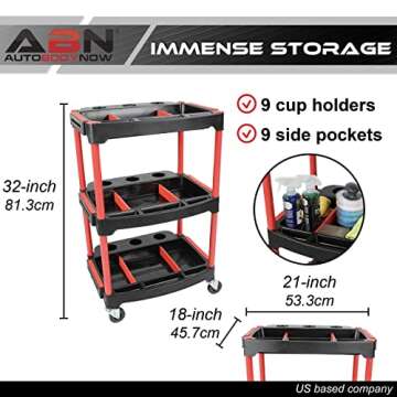 ABN 3 Tier Rolling Carts with Wheels Organizer Storage Carts with Bottle Holders and Adjustable Trays for Car Detailing