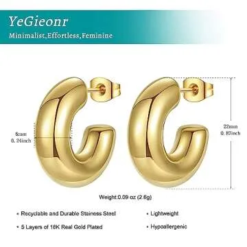 YeGieonr Chunky Gold Hoop Earrings for Women, Lightweight Stainless Steel Thick Hollow Open Hoops with 18K Real Gold Plated, Hypoallergenic Earrings Trendy Jewelry Gift
