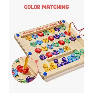 GAMENOTE Magnetic Alphabet Maze Board with 4 Activity Cards, Wooden Matching Letter Game Montessori Toys for Preschool Kingdergarten - Fine Motor Skills Toys ABC Recognition Color Sorting Puzzle