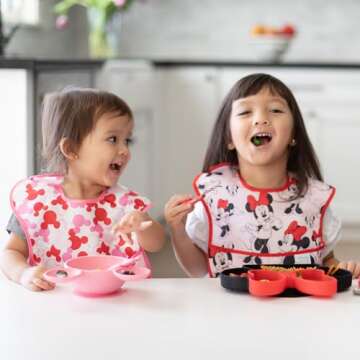 Bumkins Disney Bibs for Girl or Boy, SuperBib Baby and Toddler for 6-24 Months, Essential Must Have for Eating, Feeding, Baby Led Weaning, Mess Saving Waterproof Soft Fabric, 2-pk Minnie Mouse Classic