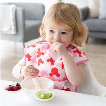 Bumkins Disney Bibs for Girl or Boy, SuperBib Baby and Toddler for 6-24 Months, Essential Must Have for Eating, Feeding, Baby Led Weaning, Mess Saving Waterproof Soft Fabric, 2-pk Minnie Mouse Classic