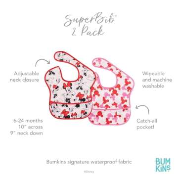 Bumkins Disney Bibs for Girl or Boy, SuperBib Baby and Toddler for 6-24 Months, Essential Must Have for Eating, Feeding, Baby Led Weaning, Mess Saving Waterproof Soft Fabric, 2-pk Minnie Mouse Classic