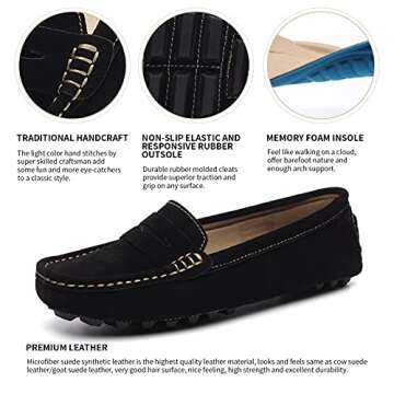 Osslue Women's Black Suede Leather Casual Penny Loafers Retro Ladies Moccasins Driving Mocs Comfort ...