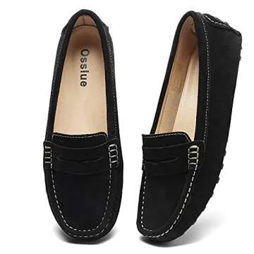 Osslue Women's Black Suede Leather Casual Penny Loafers Retro Ladies Moccasins Driving Mocs Comfort Slip-On Fashion Boat Shoes Classic Flats 6.5 M US XYM-1208-HEI065