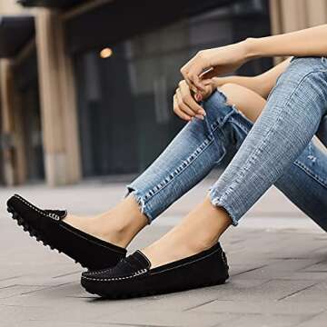 Osslue Women's Black Suede Leather Casual Penny Loafers Retro Ladies Moccasins Driving Mocs Comfort Slip-On Fashion Boat Shoes Classic Flats 6.5 M US XYM-1208-HEI065