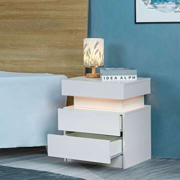 LED Nightstand with 2 Drawers, Bedside Table with High Gloss Drawers for Bedroom Furniture,Bed Side ...